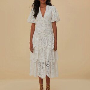 White Cotton Eyelet Puff Sleeve Midi Dress